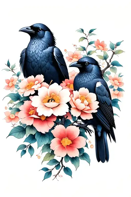 Two Ravens Standing And Flowers All Around