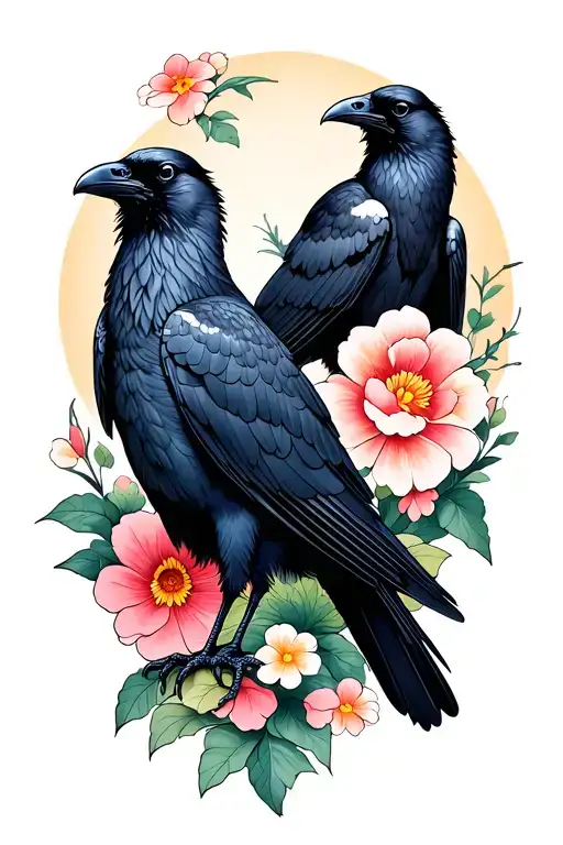 Two Ravens Standing And Flowers All Around