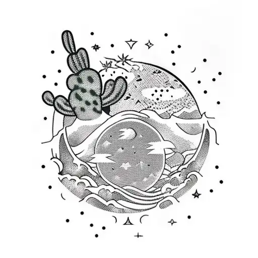 Cactus On The Moon In Space With Shooting Stars And