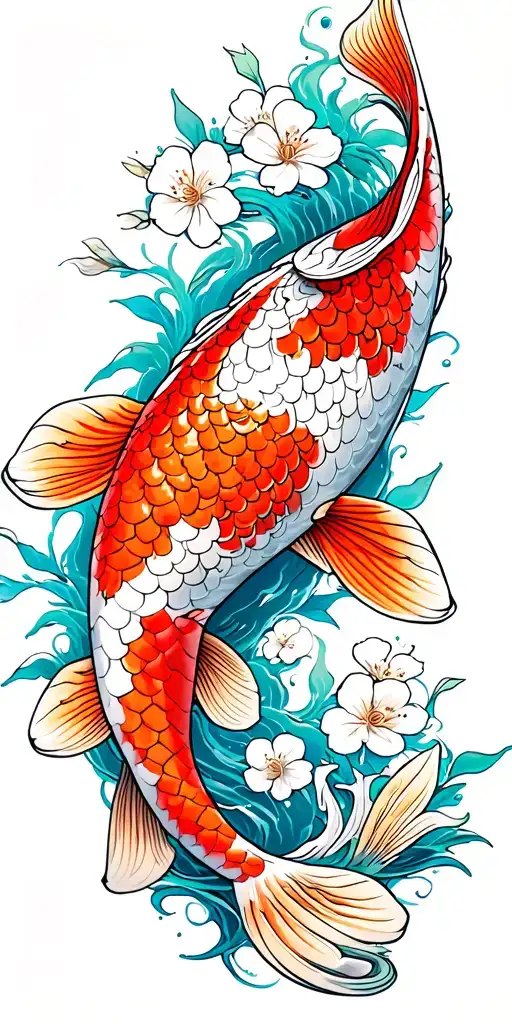Koi Carp And Cherry Blossoms