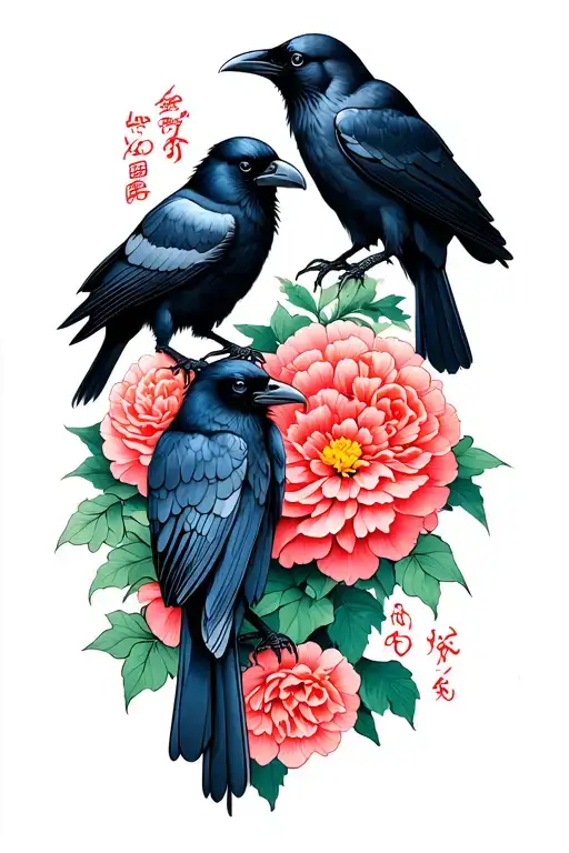 Two Ravens Perched On Carnations Flowers