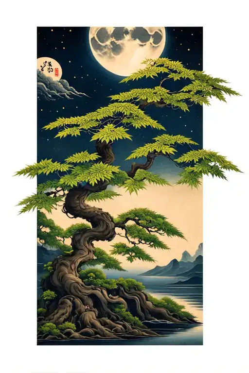 Japanese Maple Tree With Leaves And A Moon