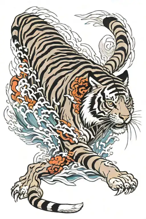 Japanese Tiger Surrounded By Water And Fire