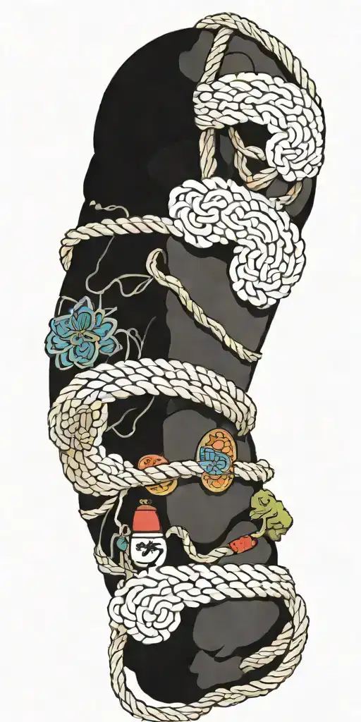 A Japanese Rope Going Around The Arm With Japanese Omamori Amulets With Various Japanese Icons