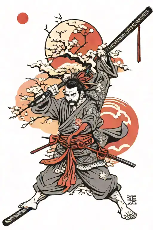 Japan Samurai Sakura Red Moon Mount Fuji