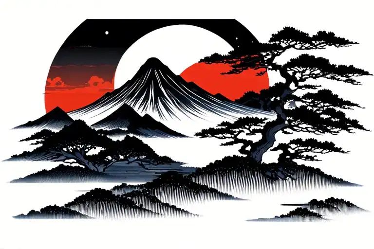 Japanese Sun And Mountain Range Silhouette