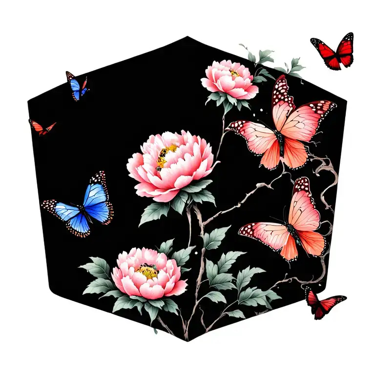 Mandalan With Peony Flowers And Butterflies Fluttering