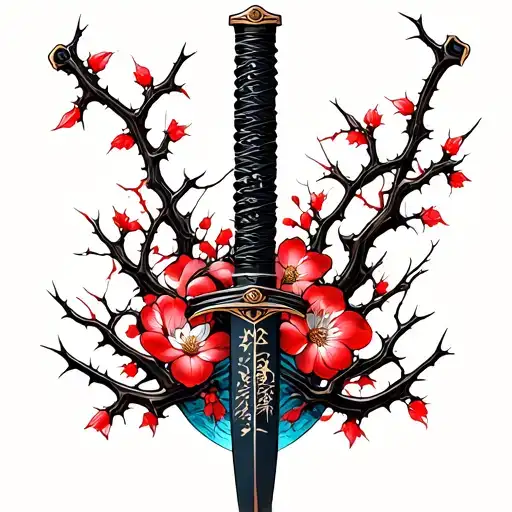 Katana Surrounded Thorns Wrapping Growing Turning From Organic Cherry Blossms