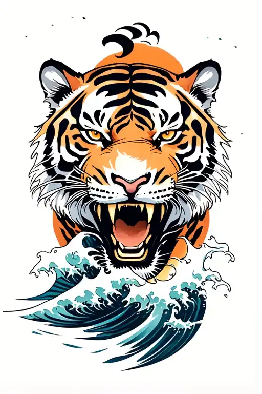 Tiger Head Roaring With Waves Crashing In Foreground