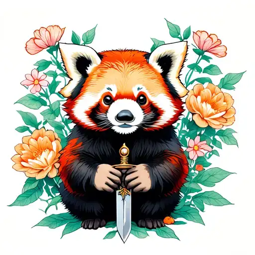 Red Panda With Sword Held By Hand Surround By Flowers Growing