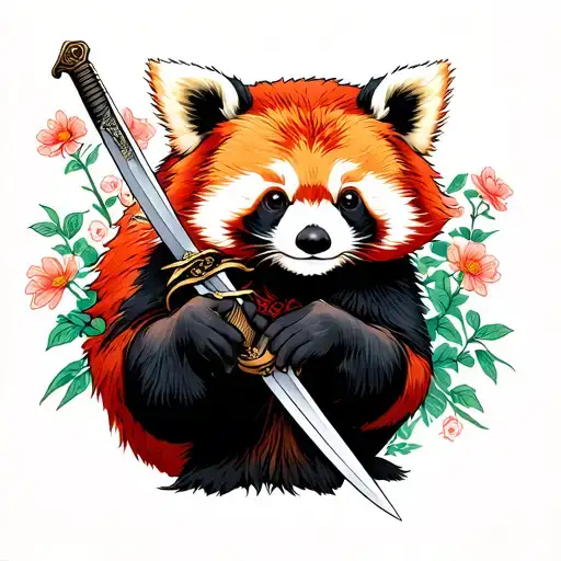 Red Panda Sumurai With Sword Held By Hand Surround By Flowers Growing
