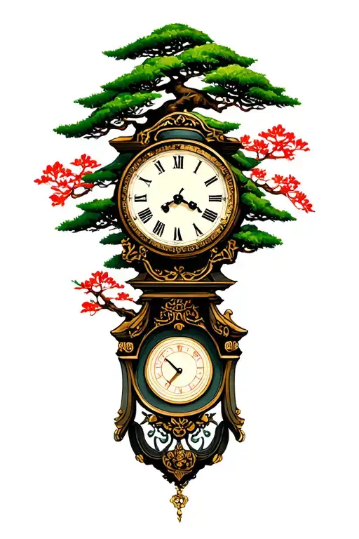 Bonzai Tree With Vintage Clock Surrounded