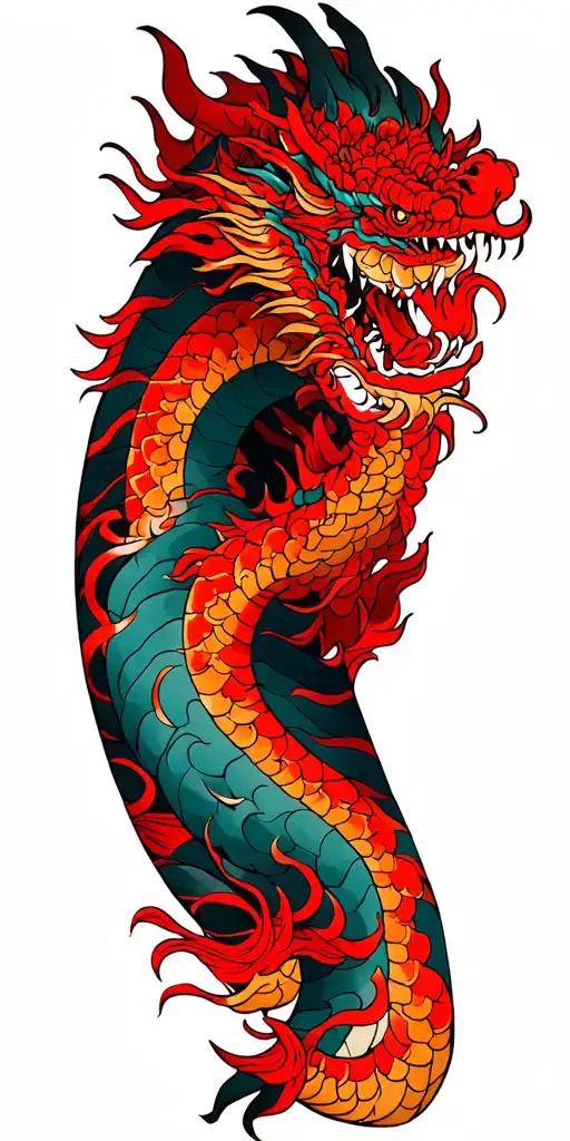 Dragon Tattoo Design With Red Thread On The Entire Arm