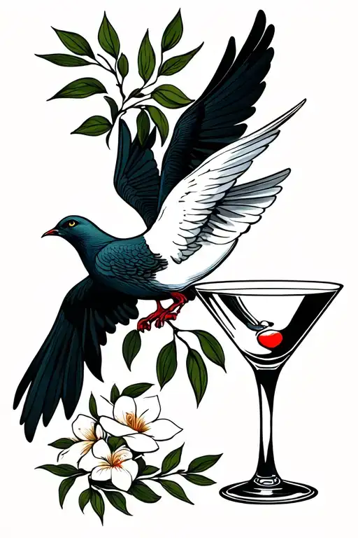 Dove With An Olive Branch Flying Above Martini Glass