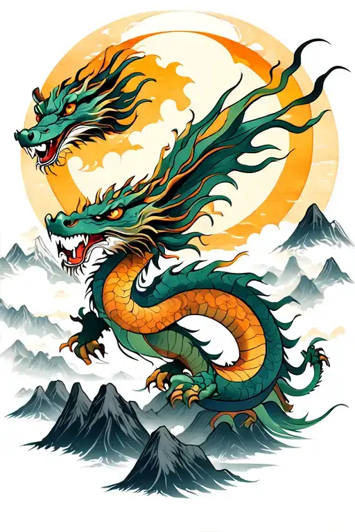 Dragon In Mountains Flying Towards The Sun
