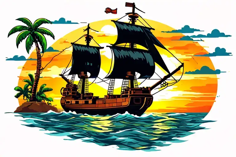 Lego Pirate Ship Sailing Into Sunset With Palm Tree Island On Horizon