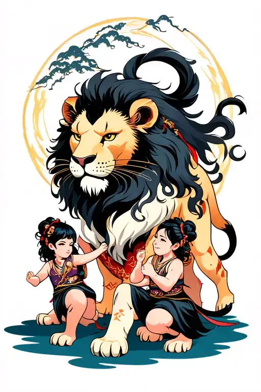 Lion With His 2 Daughters Defending Themselves From The World Of Evil