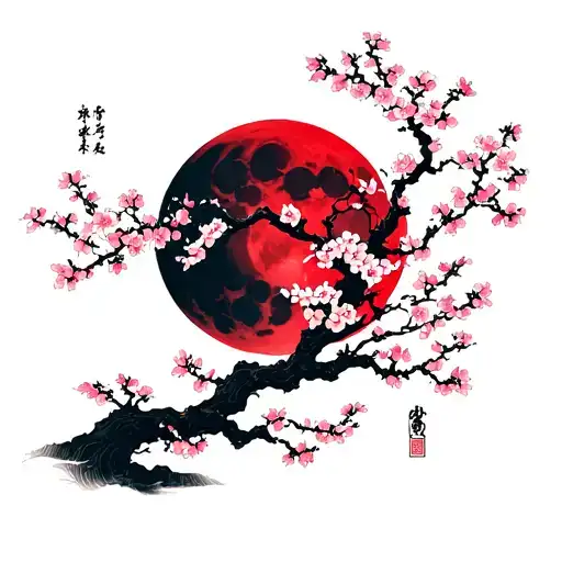 Sakura Cherry Blossom Tree Wrapped Around Arm With Red Moon In Back