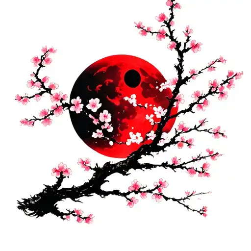 Vertical Sakura Cherry Blossom Tree Branches Wrapping Around Arm With Small Red Moon In Back