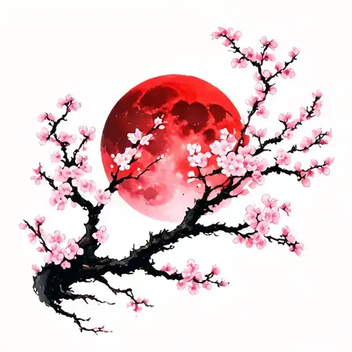 Vertical Sakura Cherry Blossom Tree Branches Wrapping Around Arm With Small Red Moon In Back
