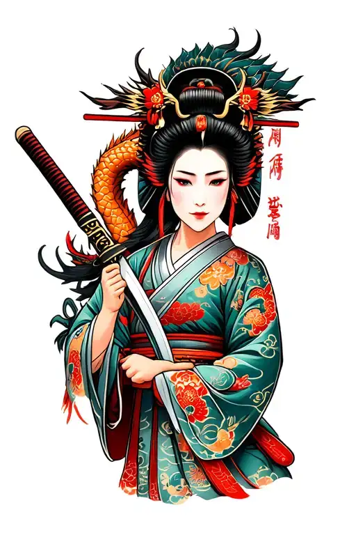 Samurai Geisha Holding A Katana With A Dragon