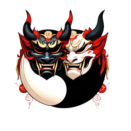 Two Oni Masks On Top Of Each Other Like Yin Yang