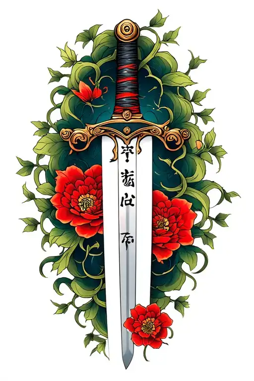 Japanese Samurai Sword With Vines Going Around It With Roman Numerals Going Down The Sword
