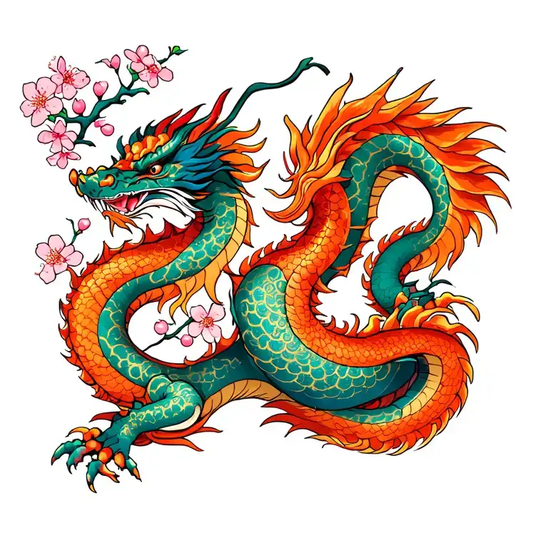 Traditional Japanese Dragon With Cherry Blossoms