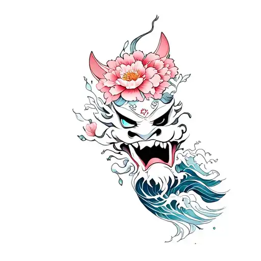 Traditional Japanese Tattoo Style On Forearm Combining Oni Mask Water Waves And Flowers