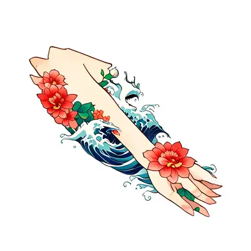 Traditional Japanese Tattoo Style On Forearm Combining Oni Mask Water Waves And Flowers
