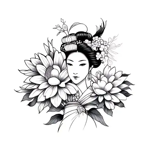 A Black-grey Tattoo Of A Geisha And Japanese Chrysanthemum