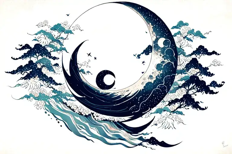 Crecent Moon Made Of Shadow Ink Overshadowed By A Bright Full Moon