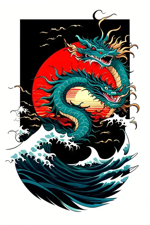 Japanese Dragon Wrapping Up The Rising Sun Inside With The Waves