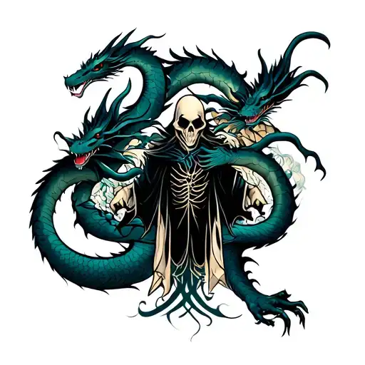 The Grim Reaper Back Tattoo Featuring Dragons Intertwined