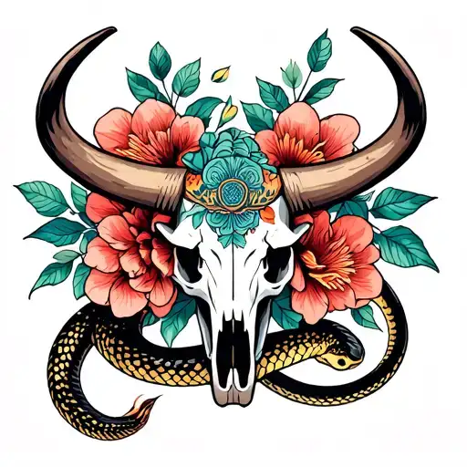 Longhorn Skull With Flowers And Rattle Snake