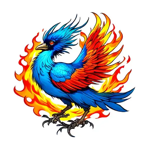 Blue Pheonix Bird With Flames Around
