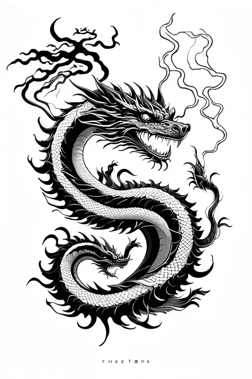 Black And White Lineart Tattoo With Dragons And Snakes And Lighting