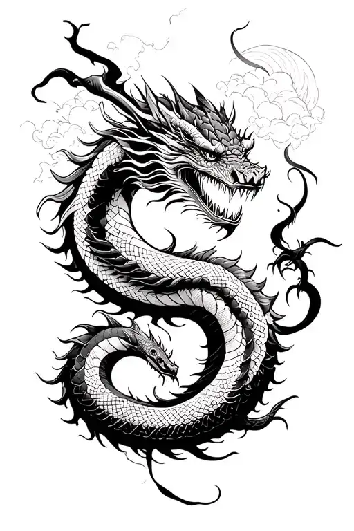 Black And White Lineart Tattoo With Dragons And Snakes And Lighting