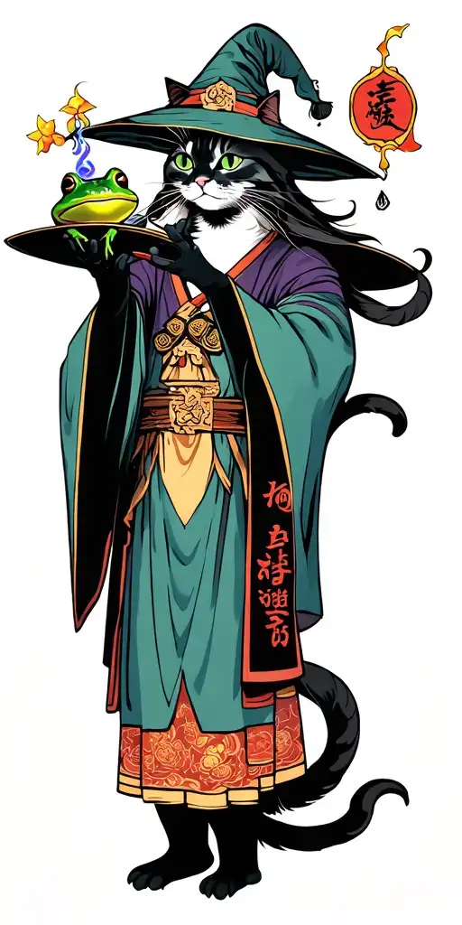 Cat And Frog Mage Casting A Spell Wizard Hat