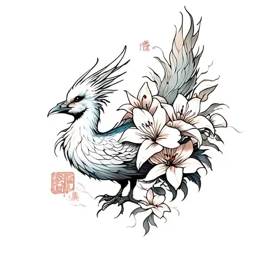 Phoenix With Lily Flowers On Tail