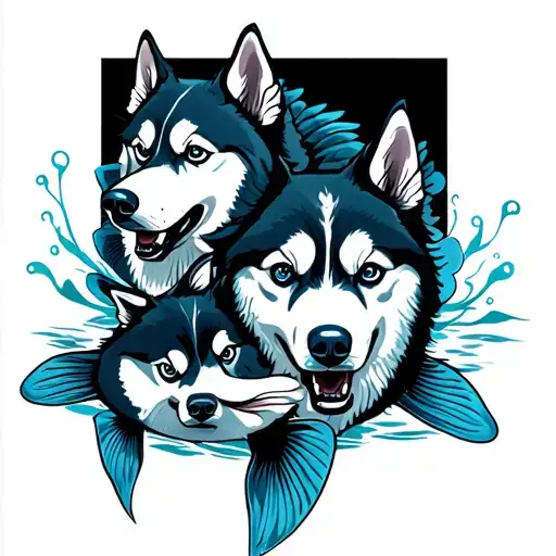 Husky And Two Fish Swimming