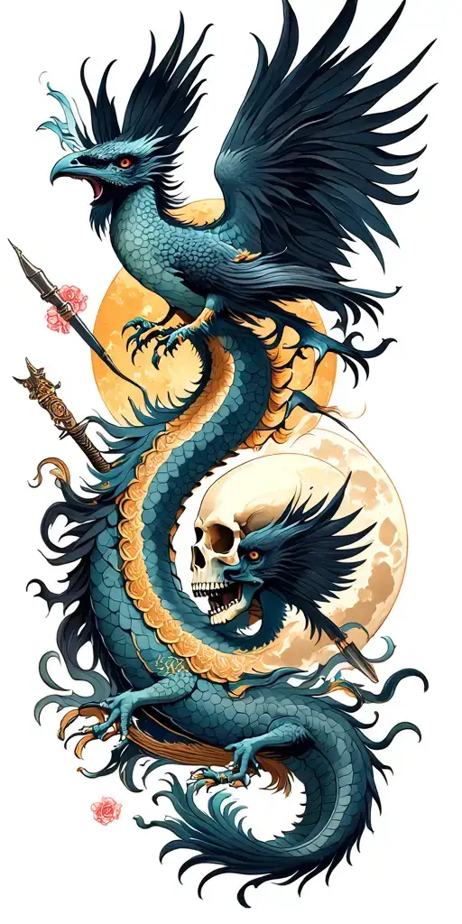 Chinese Dragon And Phoenix And Skull And Moon And Raven With Medevel Weapons