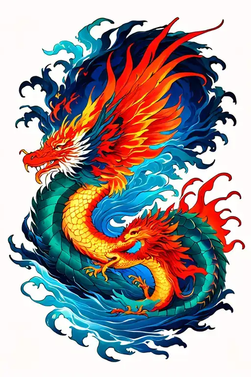 Fire Phoenix And Water Dragon Intertwined