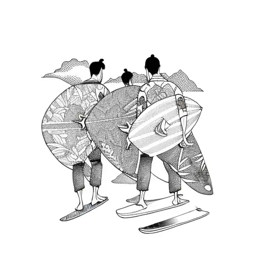 3 Surfers Walking In The Tropical Forest With Their Boards