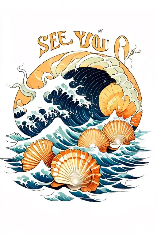 See You At The Pegs Written In The Shape Of A Sea Wave Followed By Some Sea Shells
