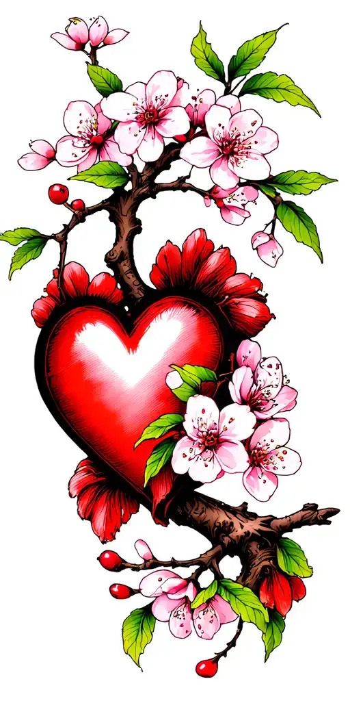 Cherry Blossom Branches With Heart Intertwined