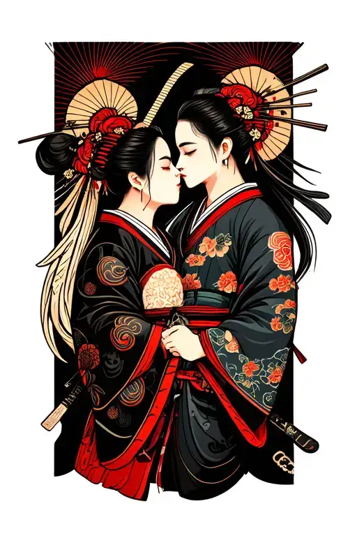 Samurai And Gasha Kissing Each Other