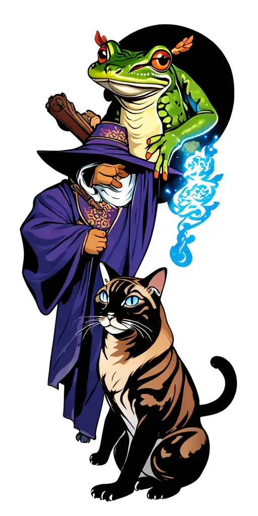Frog And Siamese Cat Wizard Casting Spells Against Demon Tiger
