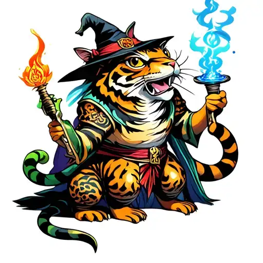 Battle Mage Frog And Wizard Cat Casting Spells Against Demon Tiger