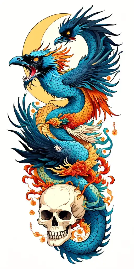 Chinese Dragon And Phoenix And Skull And Moon And Raven